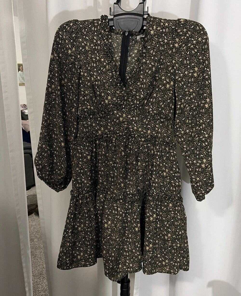 Boho Dress for women Small. Long Sleeve Bell Sleeve. At The Knee Dark Floral